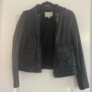 Leather jacket with detachable hood